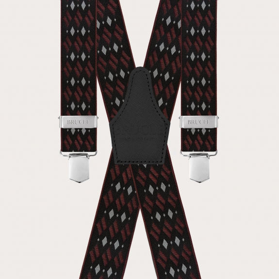 Wide X-shaped suspenders with black and burgundy diamond pattern