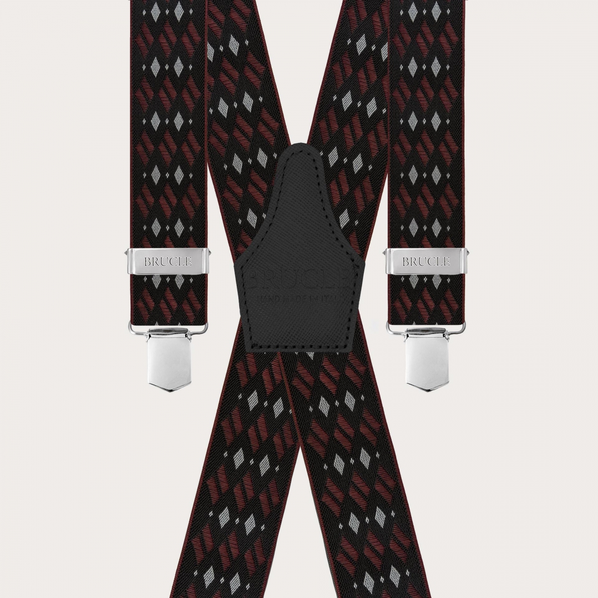 Wide X-shaped suspenders with black and burgundy diamond pattern