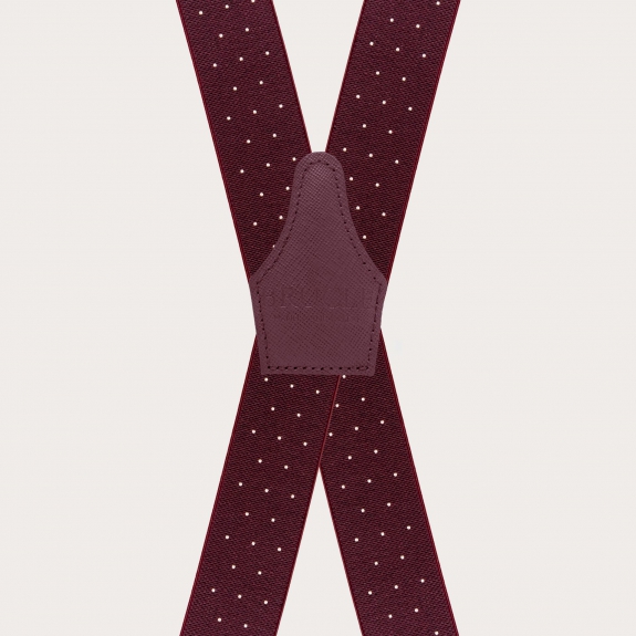 Wide burgundy polka dot X-back suspenders