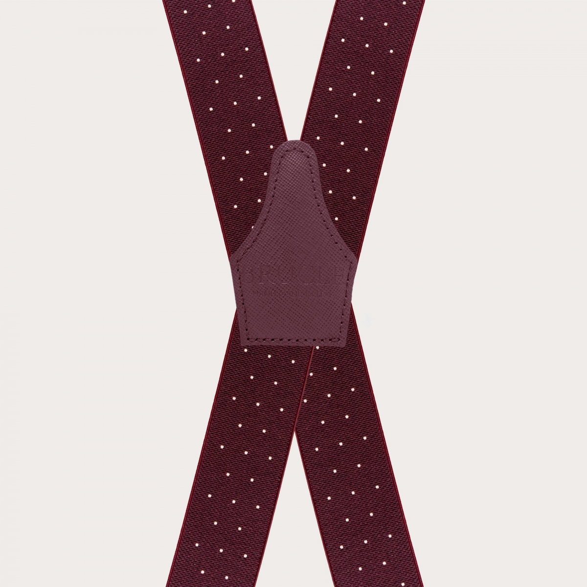 Wide burgundy polka dot X-back suspenders