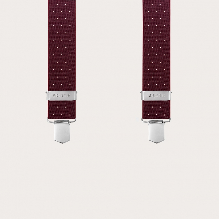 Wide burgundy polka dot X-back suspenders