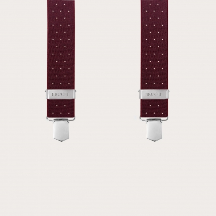 Wide burgundy polka dot X-back suspenders