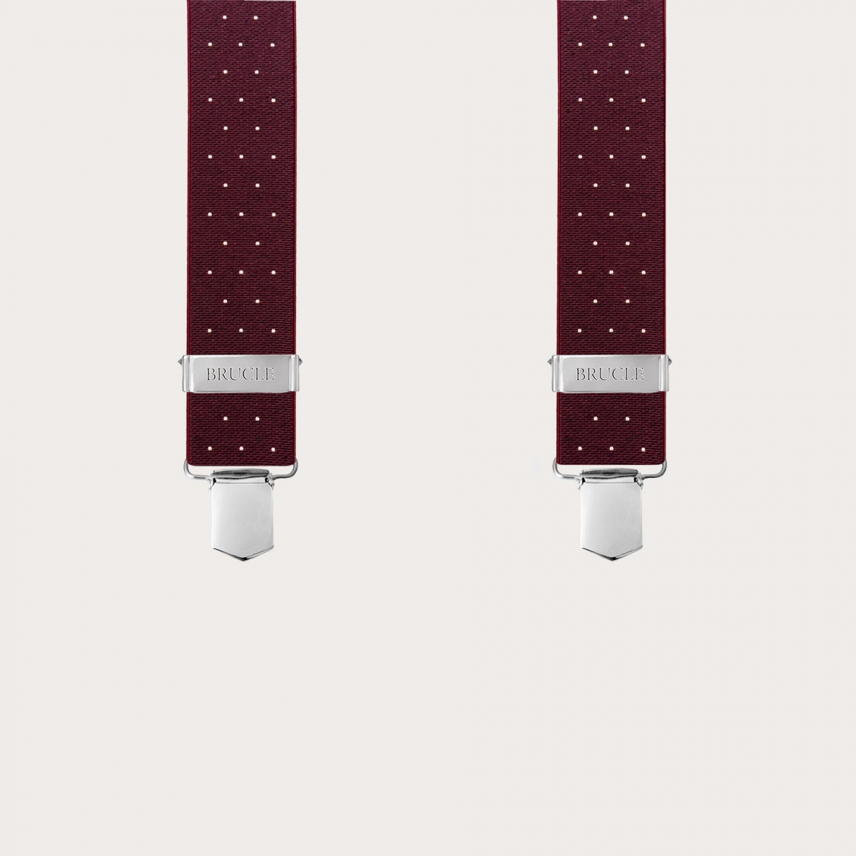 Wide burgundy polka dot X-back suspenders