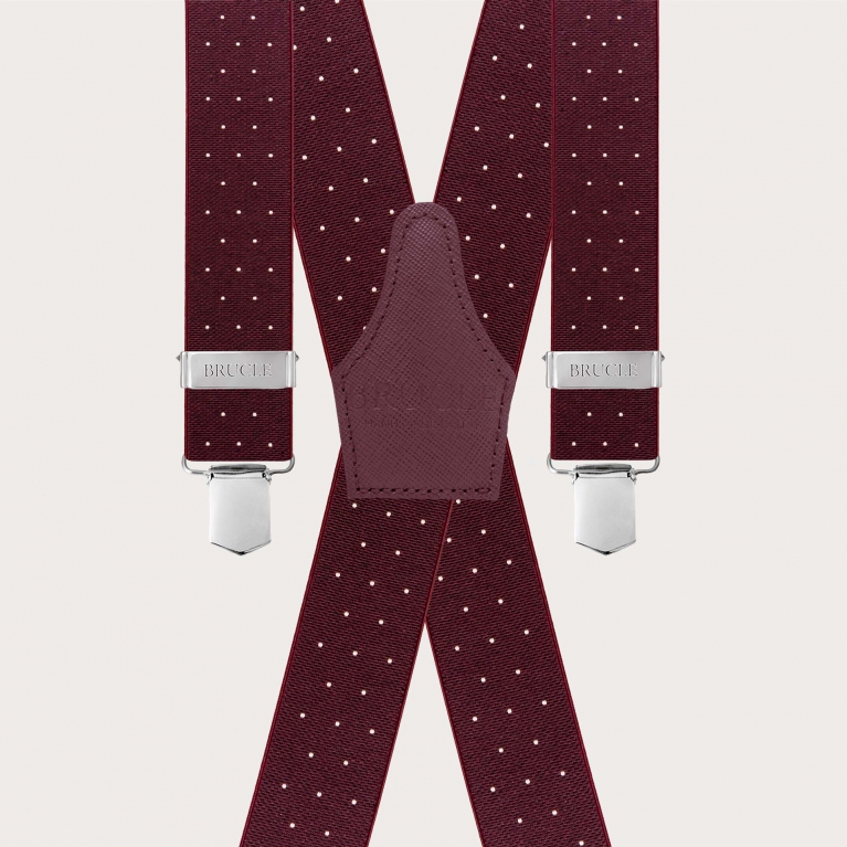 Wide burgundy polka dot X-back suspenders