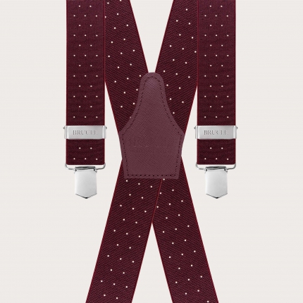 Wide burgundy polka dot X-back suspenders