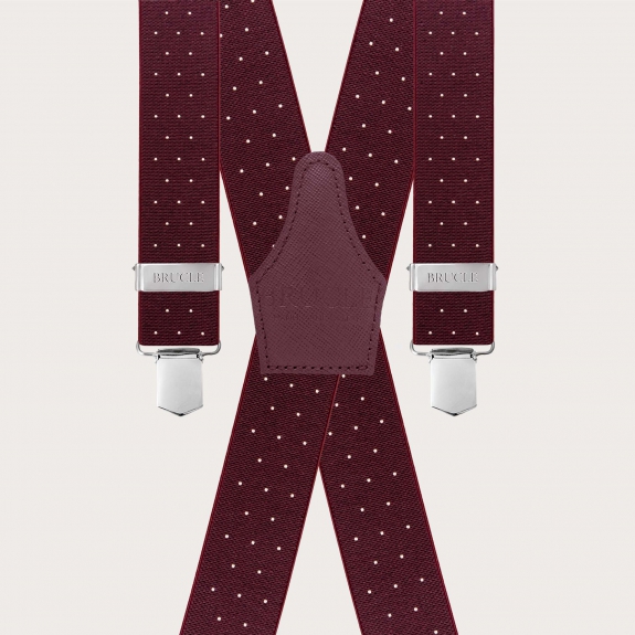 Wide burgundy polka dot X-back suspenders