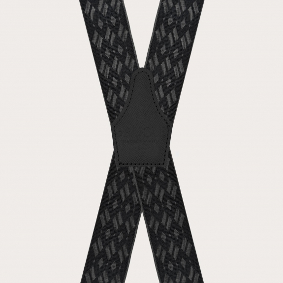 Wide X-shaped suspenders with black and grey diamond pattern