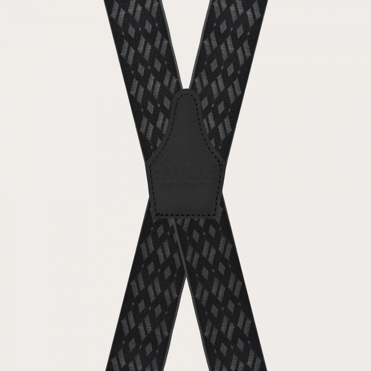 Wide X-shaped suspenders with black and grey diamond pattern