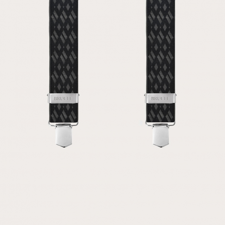 Wide X-shaped suspenders with black and grey diamond pattern