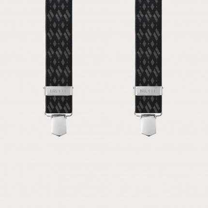 Wide X-shaped suspenders with black and grey diamond pattern