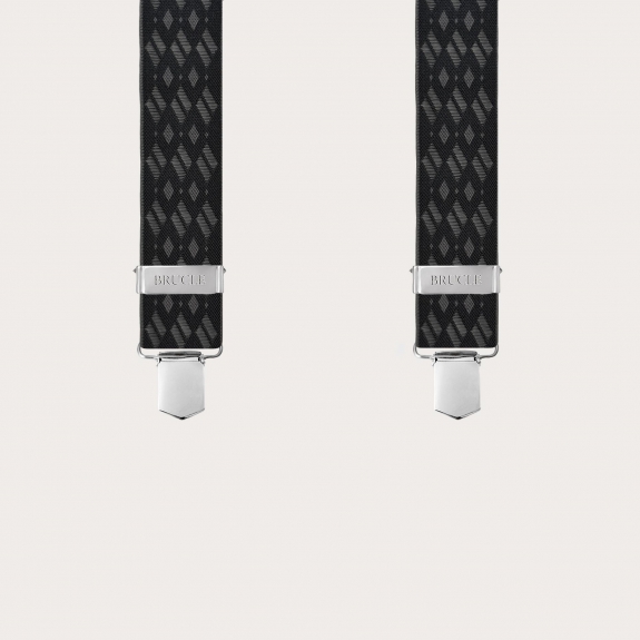 Wide X-shaped suspenders with black and grey diamond pattern