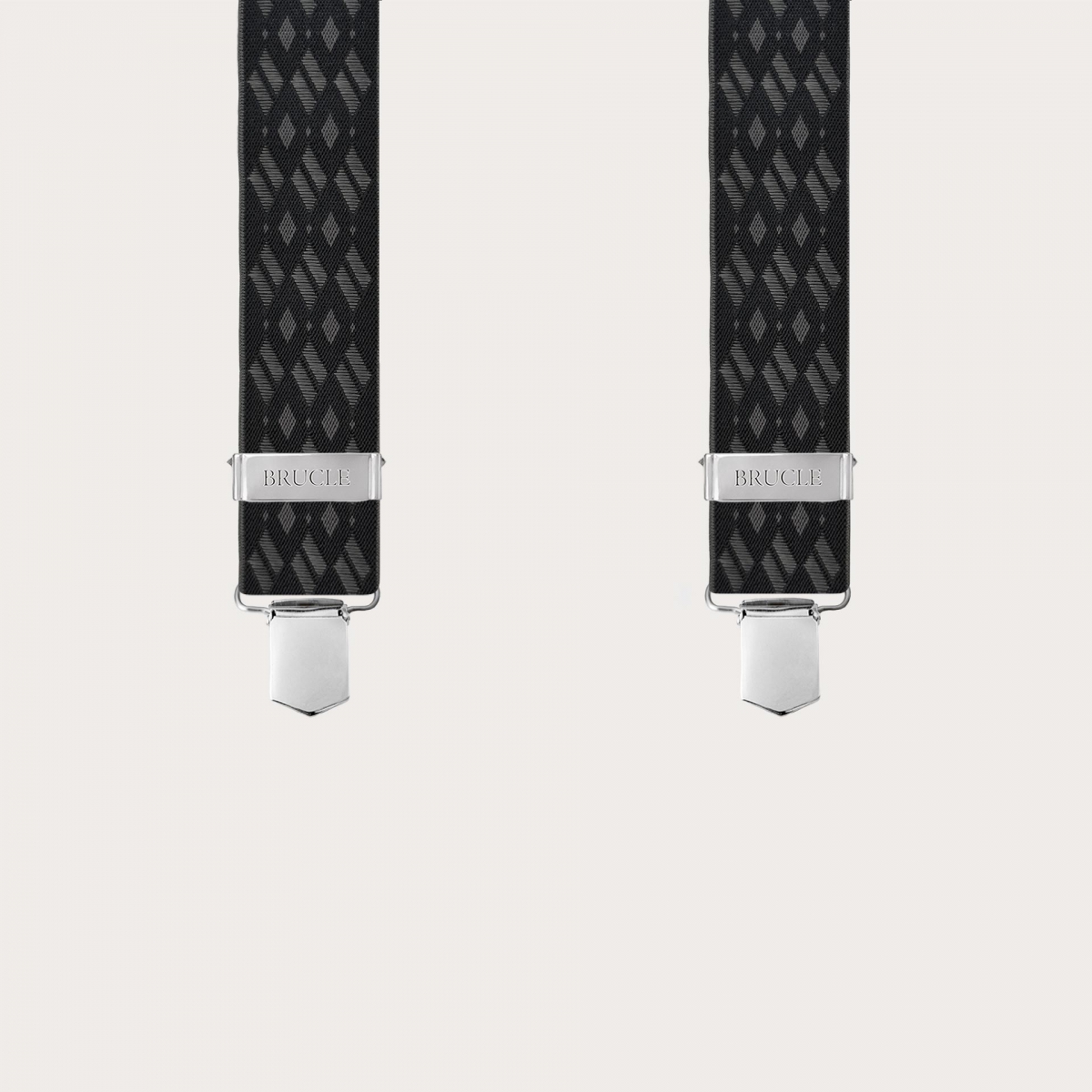 Wide X-shaped suspenders with black and grey diamond pattern