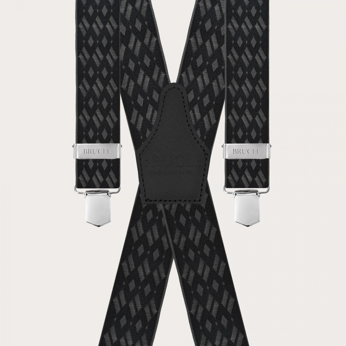 Wide X-shaped suspenders with black and grey diamond pattern