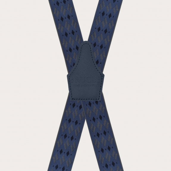 Wide X-back suspenders with blue and grey diamond pattern