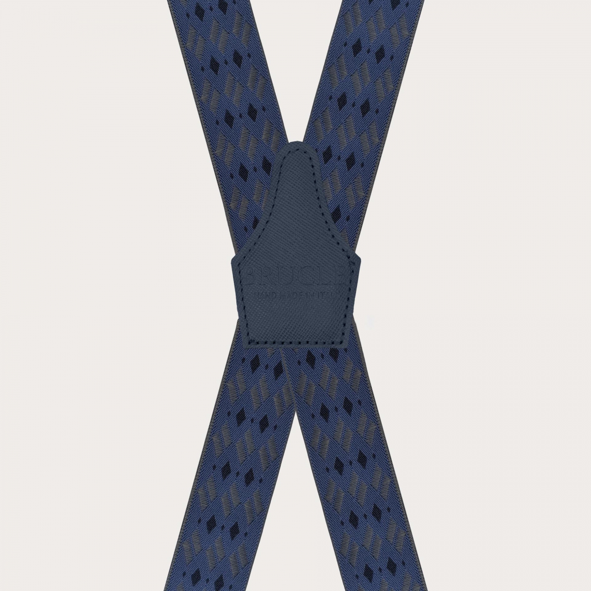 Wide X-back suspenders with blue and grey diamond pattern