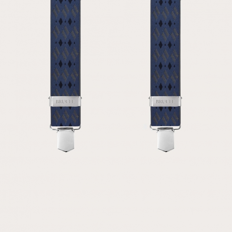 Wide X-back suspenders with blue and grey diamond pattern