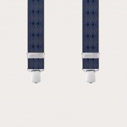 Wide X-back suspenders with blue and grey diamond pattern