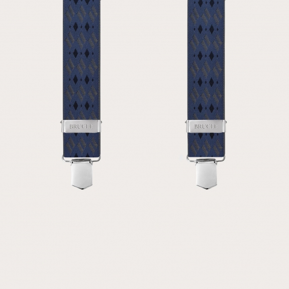 Wide X-back suspenders with blue and grey diamond pattern