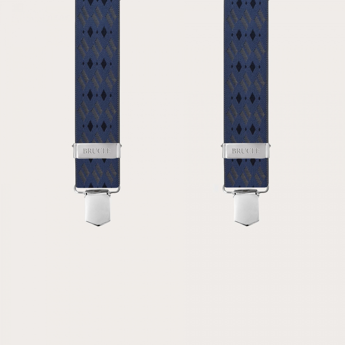 Wide X-back suspenders with blue and grey diamond pattern