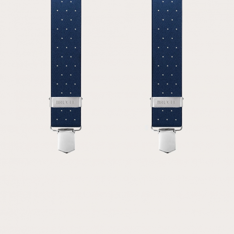 X-back blue polka dot unisex suspenders with clips only