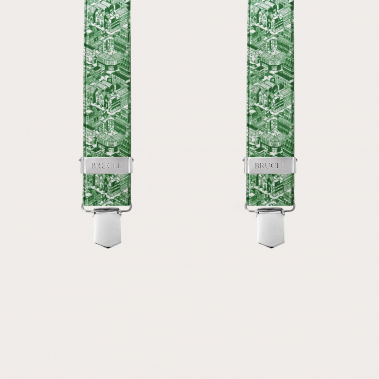 Glossy green X-back suspenders with skyscraper pattern