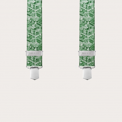 Glossy green X-back suspenders with skyscraper pattern