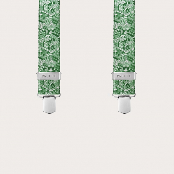 Glossy green X-back suspenders with skyscraper pattern