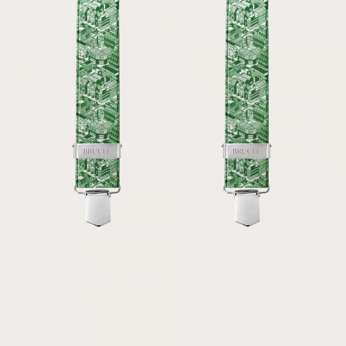 Glossy green X-back suspenders with skyscraper pattern