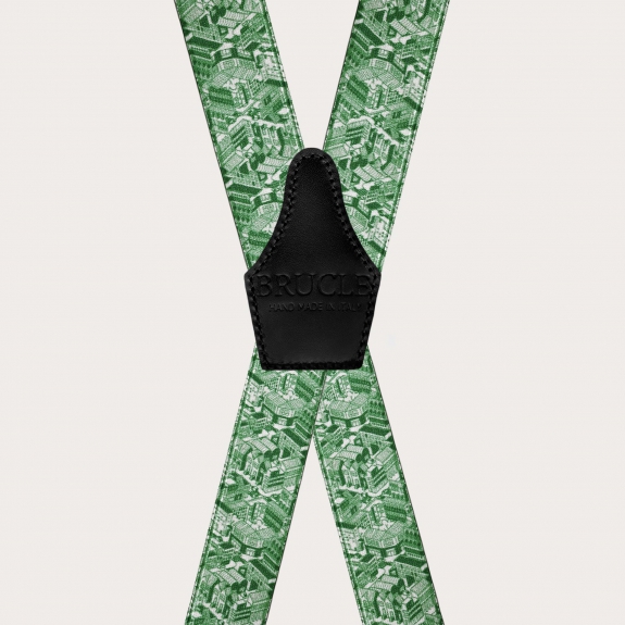 Glossy green X-back suspenders with skyscraper pattern