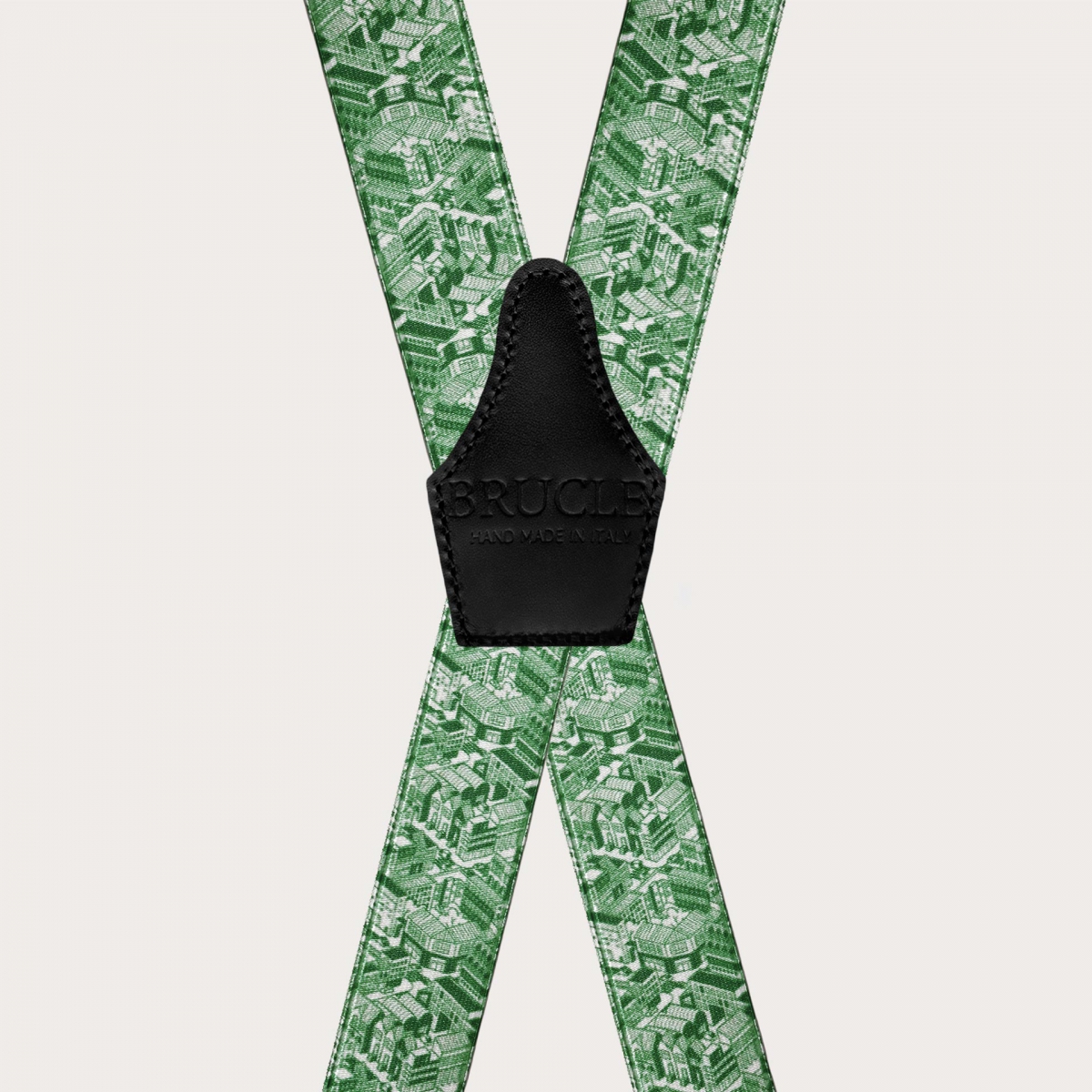 Glossy green X-back suspenders with skyscraper pattern