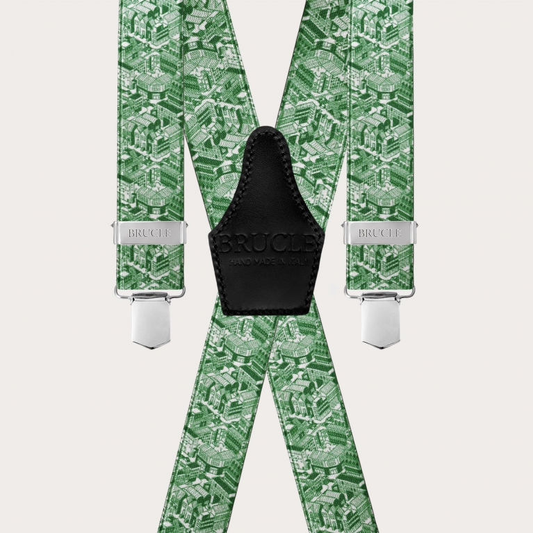 Glossy green X-back suspenders with skyscraper pattern
