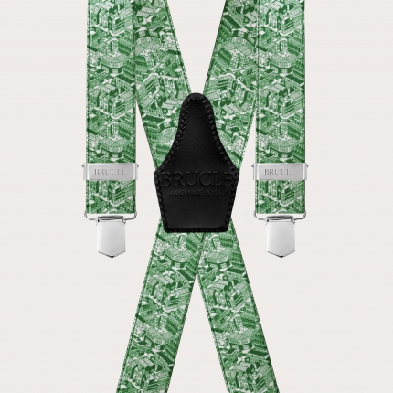 Glossy green X-back suspenders with skyscraper pattern