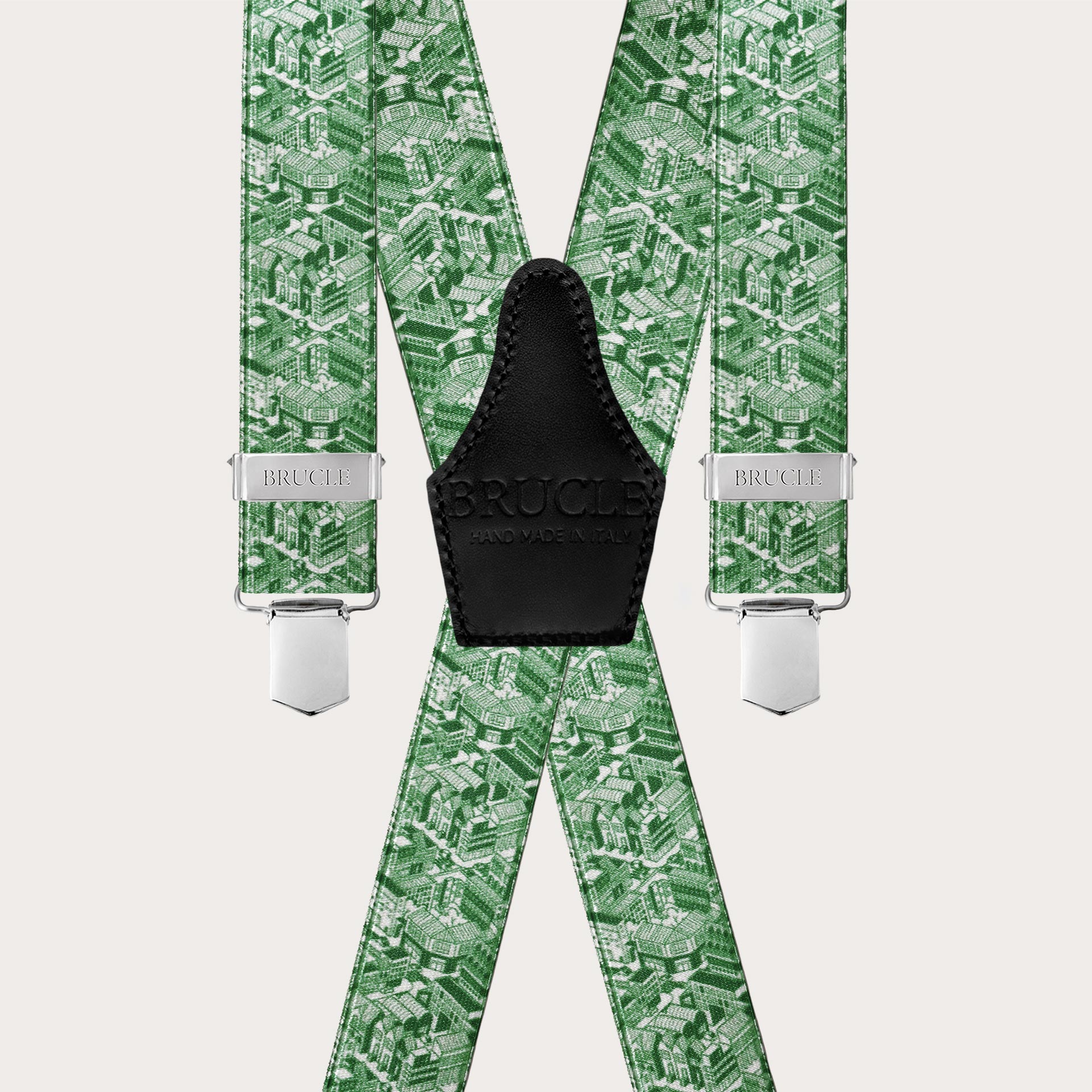 Glossy green X-back suspenders with skyscraper pattern