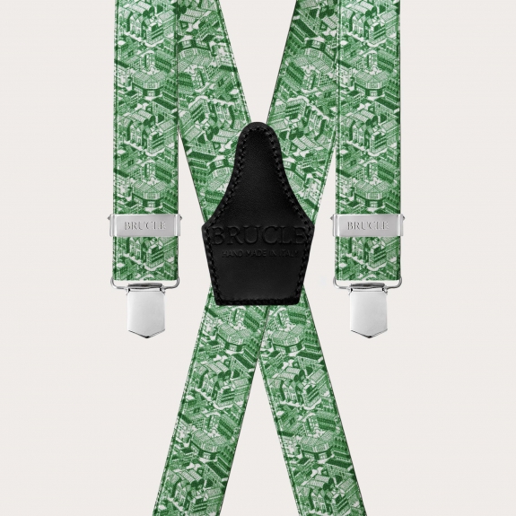 Glossy green X-back suspenders with skyscraper pattern