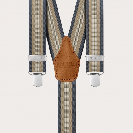 Unisex beige and blue striped elastic suspenders with clips