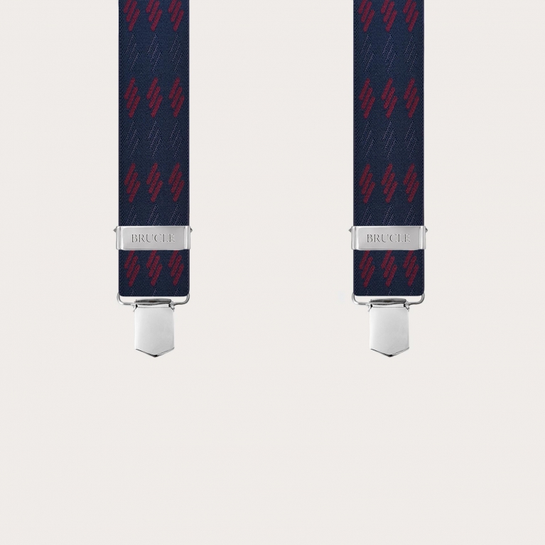 Wide X-shaped blue suspenders with burgundy stripes and clip attachment