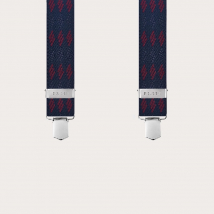 Wide X-shaped blue suspenders with burgundy stripes and clip attachment