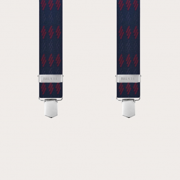 Wide X-shaped blue suspenders with burgundy stripes and clip attachment