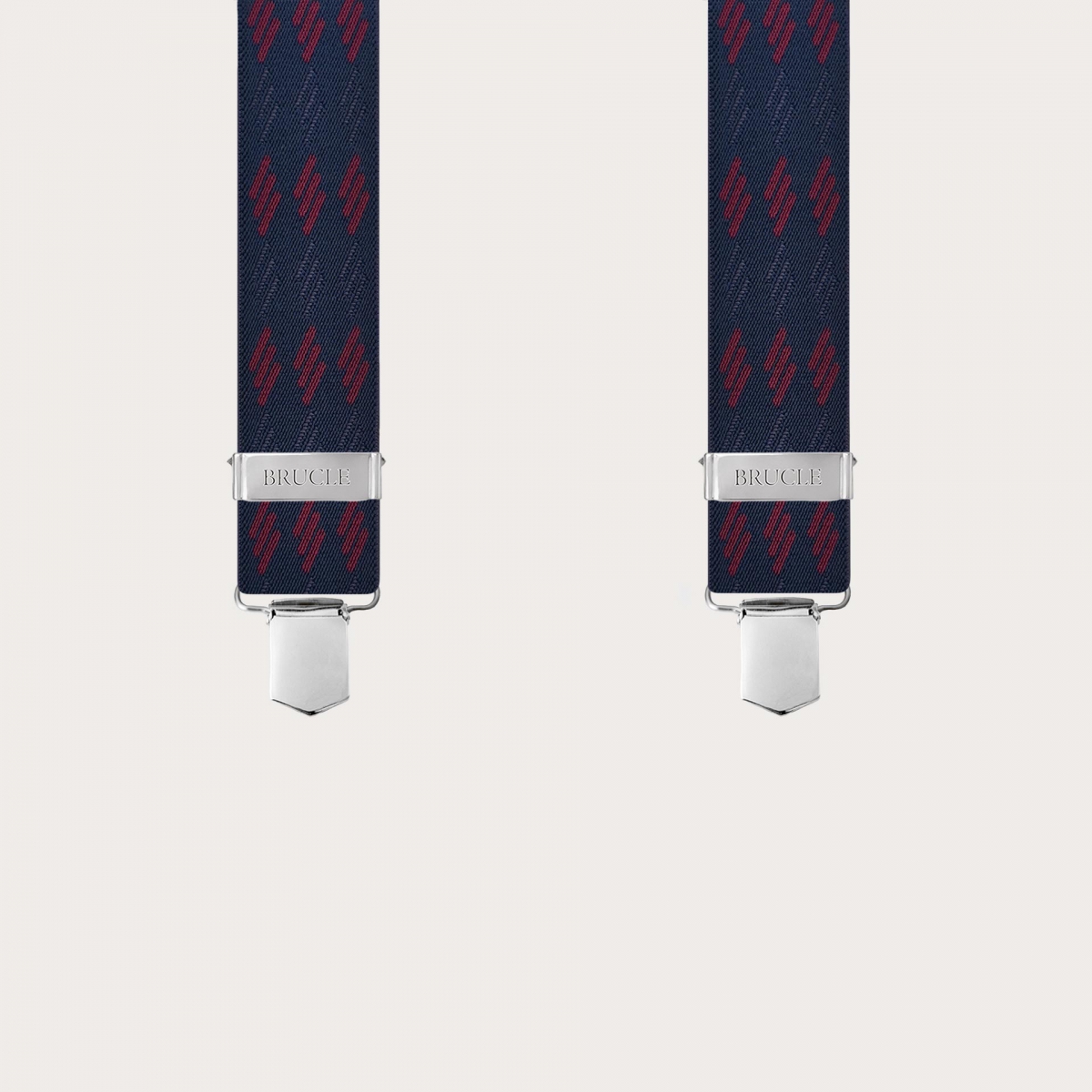 Wide X-shaped blue suspenders with burgundy stripes and clip attachment