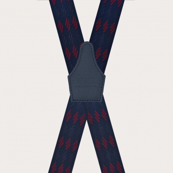 Wide X-shaped blue suspenders with burgundy stripes and clip attachment