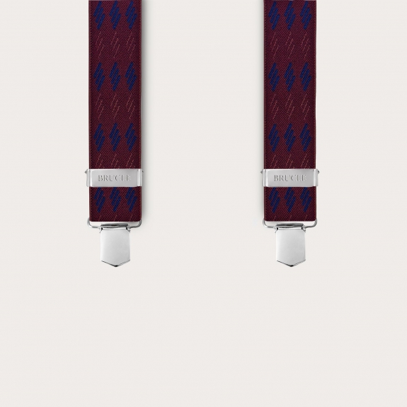 Wide unisex burgundy suspenders with blue stripes, clip attachment only