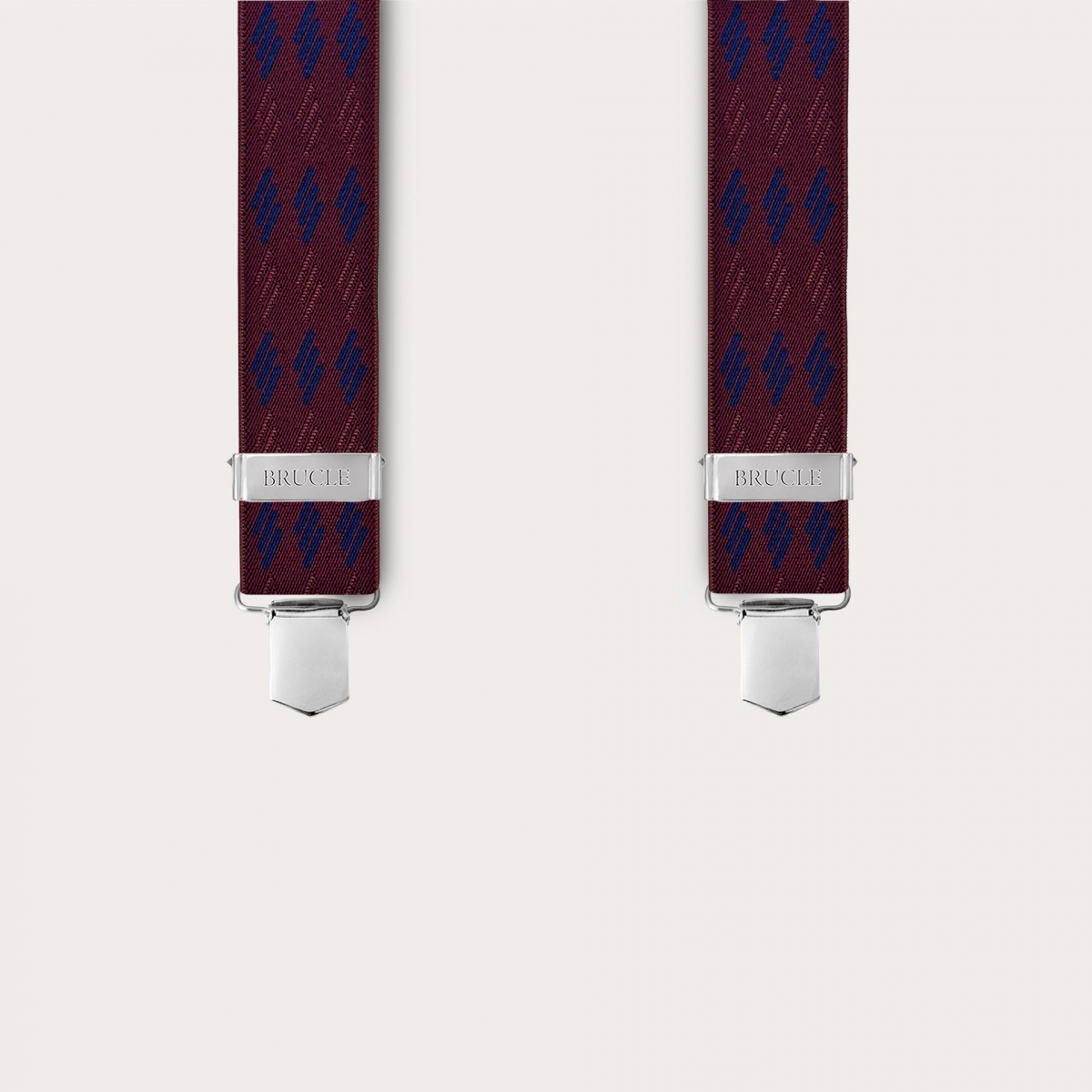 Wide unisex burgundy suspenders with blue stripes, clip attachment only