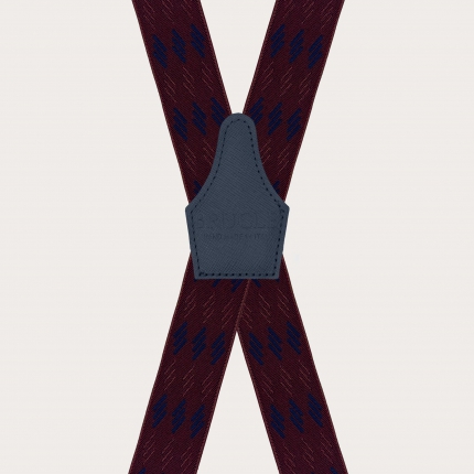 Wide unisex burgundy suspenders with blue stripes, clip attachment only