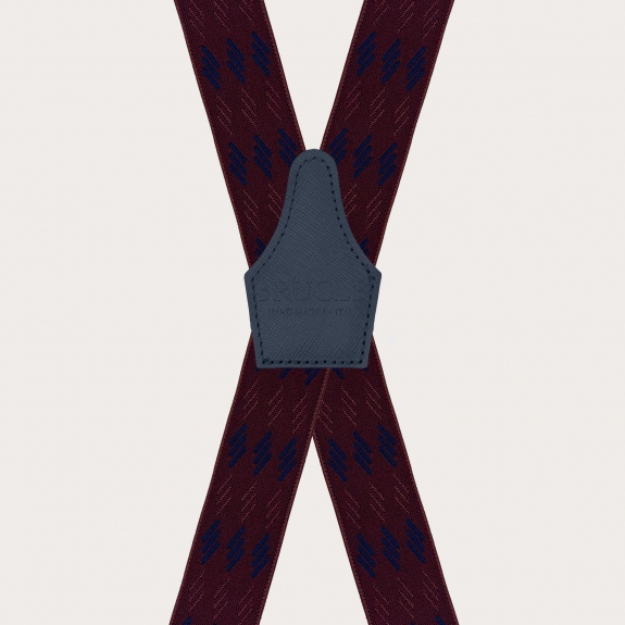 Wide unisex burgundy suspenders with blue stripes, clip attachment only