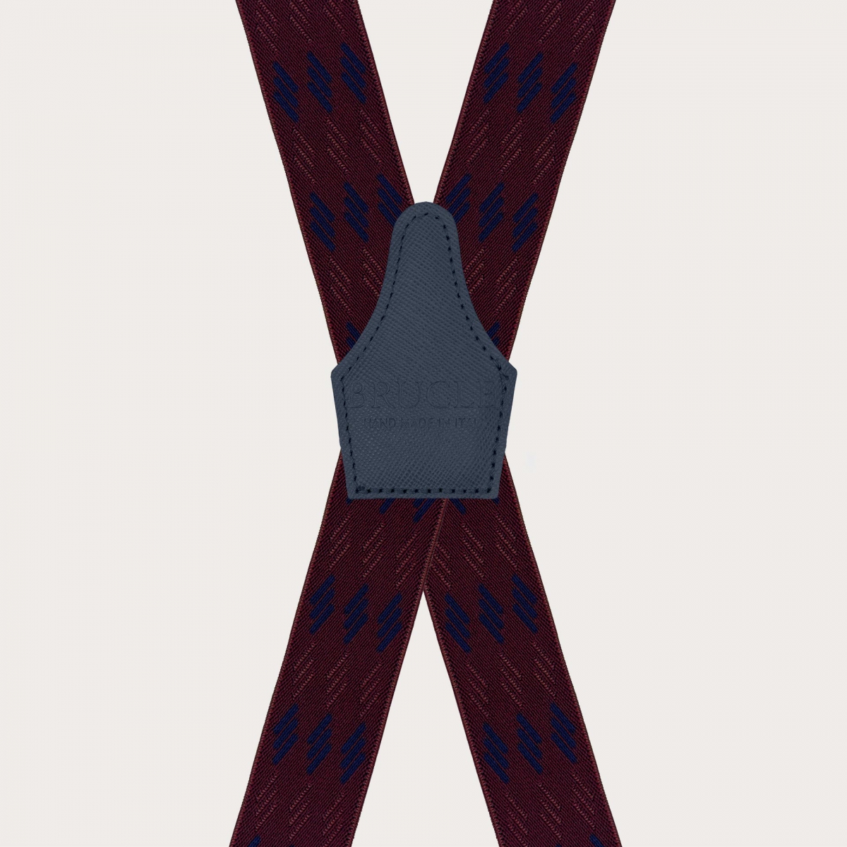 Wide unisex burgundy suspenders with blue stripes, clip attachment only