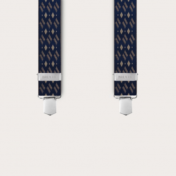 Wide X-shaped suspenders with clip attachment only, in blue and beige with a diamond pattern