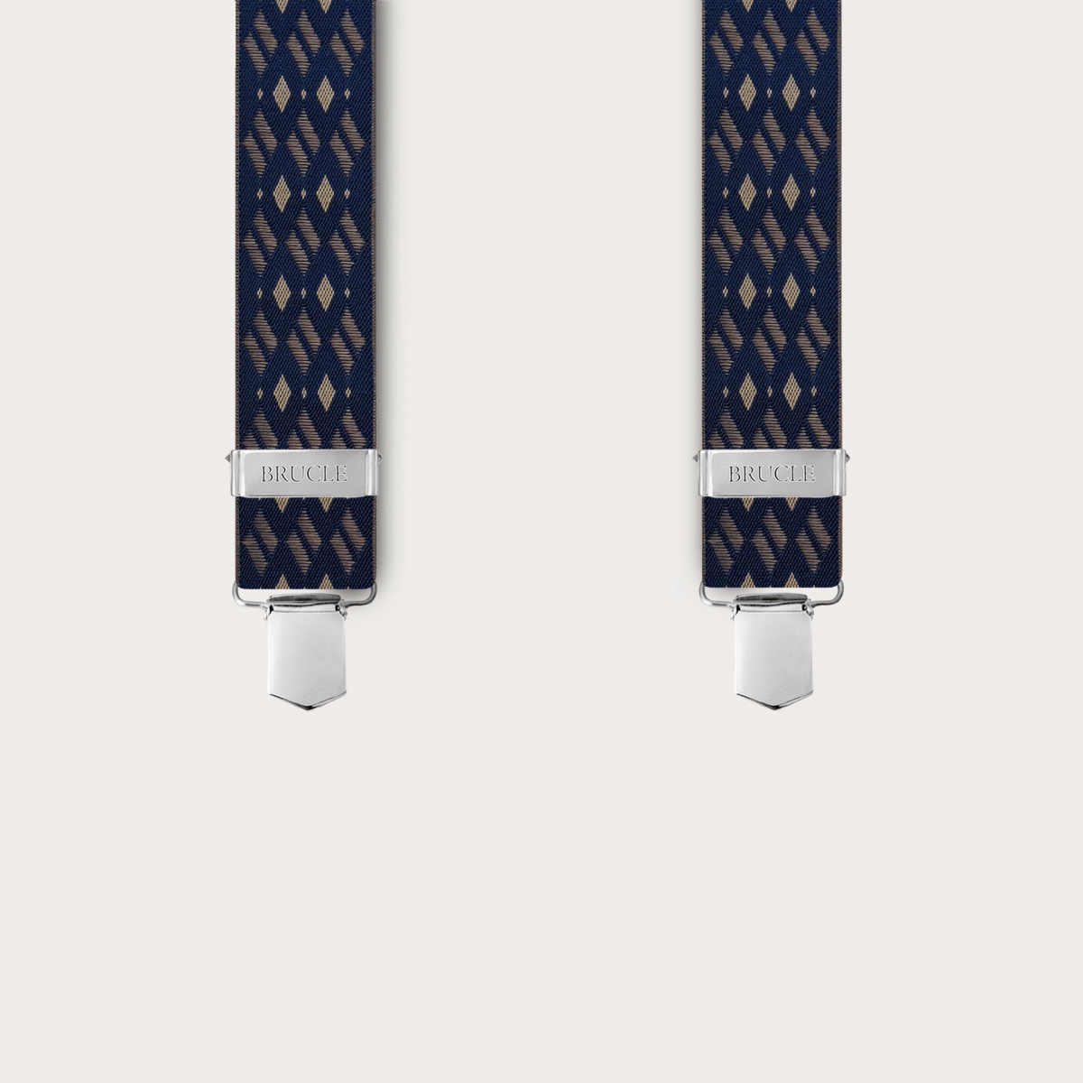 Wide X-shaped suspenders with clip attachment only, in blue and beige with a diamond pattern