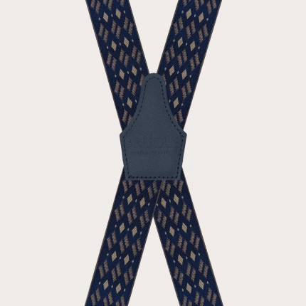 Wide X-shaped suspenders with clip attachment only, in blue and beige with a diamond pattern