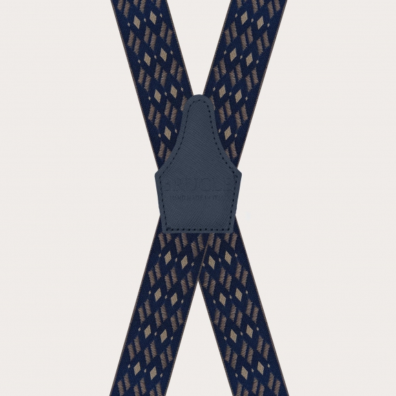 Wide X-shaped suspenders with clip attachment only, in blue and beige with a diamond pattern