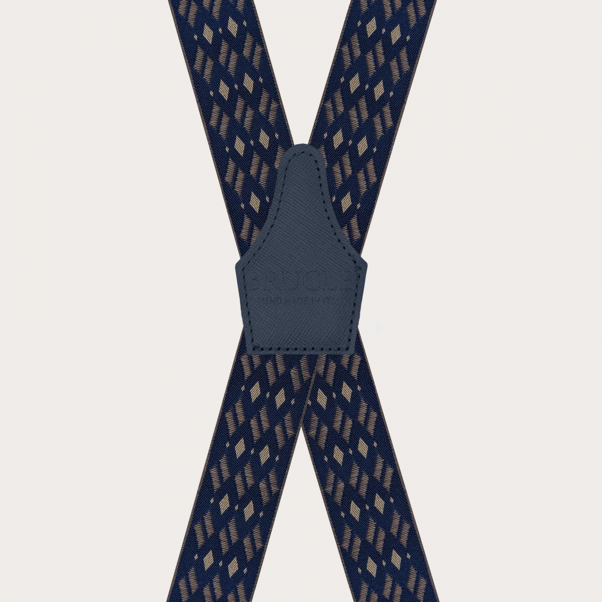 Wide X-shaped suspenders with clip attachment only, in blue and beige with a diamond pattern